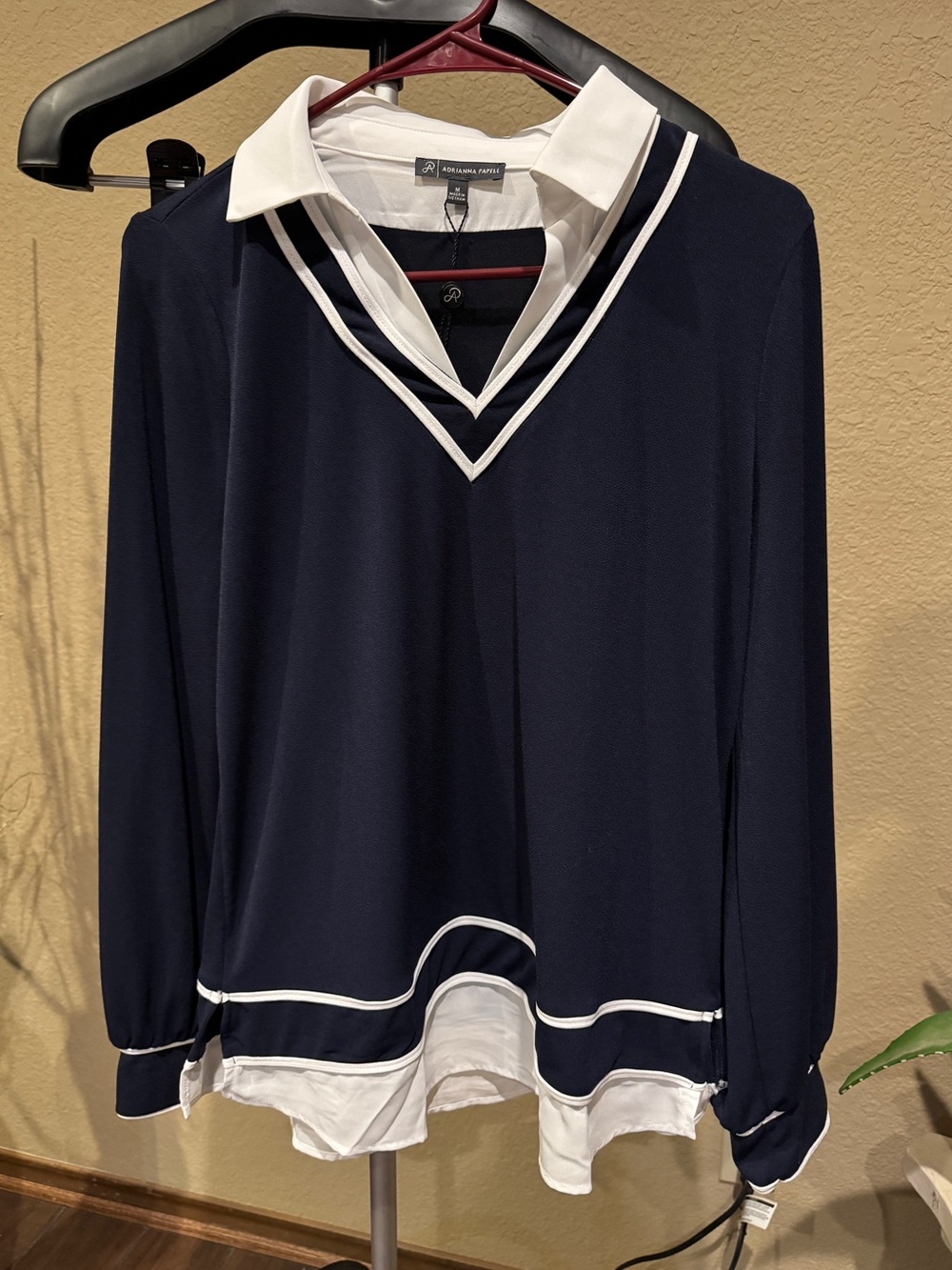 Adrianna Papell Navy and White V-Neck Faux-Layer Blouse